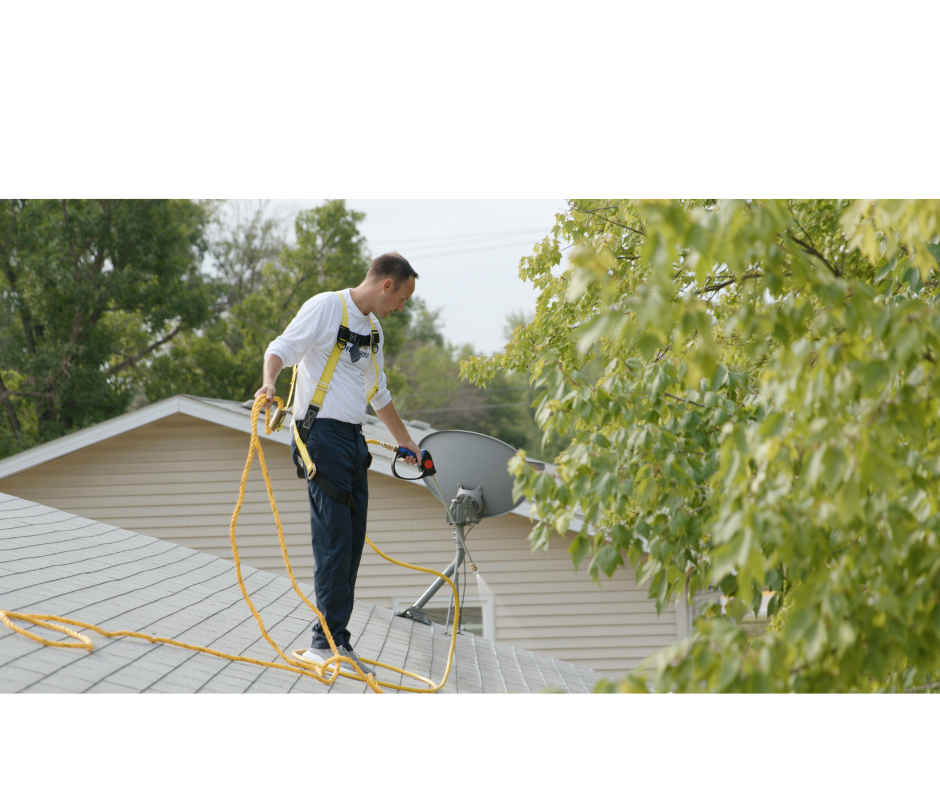 Roof technician applying treatment on an asphalt shingle roof in warm summer light.