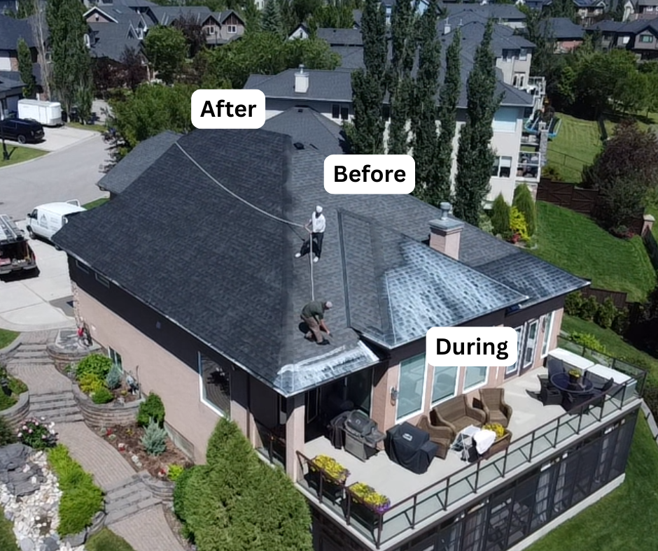 Aerial before, during, and after view of a restored dark shingle roof on a suburban Minnesota home.