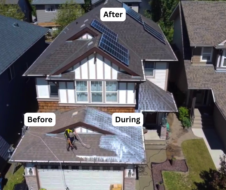 Before, during, and after roof rejuvenation on a Minnesota two-story home with asphalt shingles.